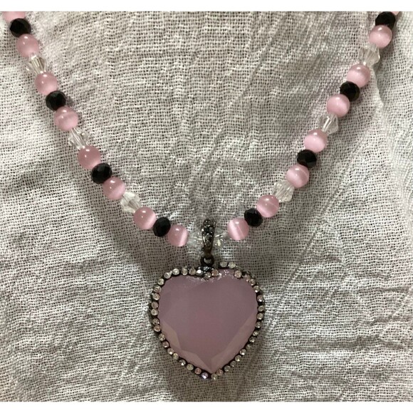 Pink Quartzlike Heart Pendant Necklace with Glass Beads & Magnetic Clasp - Picture 3 of 12